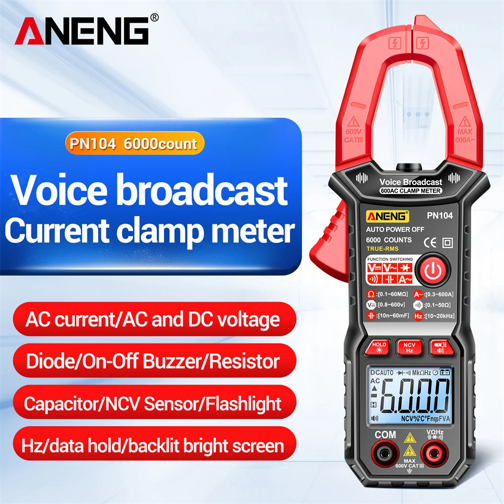 

ANENG PN104 Multimeter AC DC Voltage Clamp Meter AC Current Voice Broadcast Tester Car Amp Hz Capacitance NCV Ohm Tester Tools