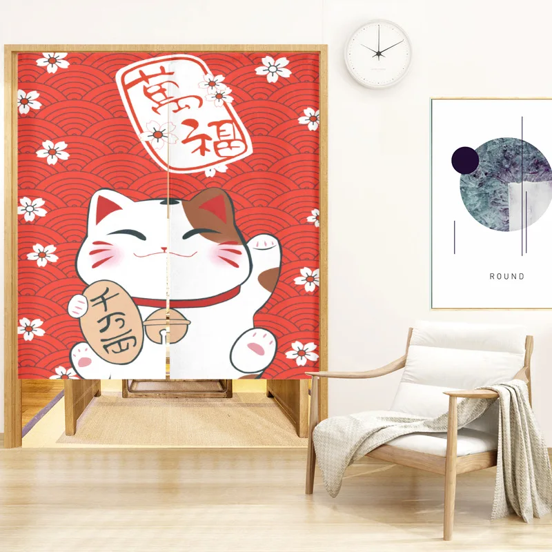 Japanese Lucky Cat Door Curtain Kitchen Partition Curtains Bedroom Bathroom Decoration Hanging Half-Curtain Entrance Linen Noren 2