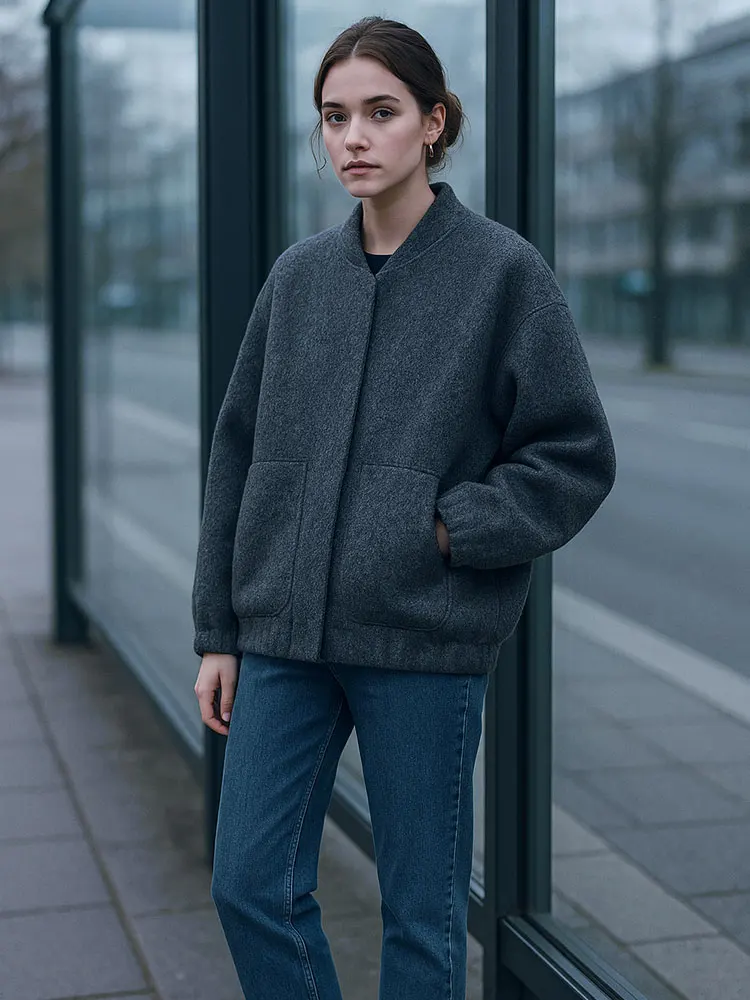 HH Women Fashion Bomber Jacket Vintage Solid Long Sleeve Single Breasted Coat Female Casual Loose Outerwear Chic Tops