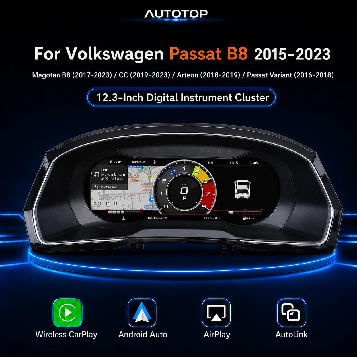 AUTOTOP Pantalla LCD de 12.3" para el Panel de Instrumentos Virtual de Volkswagen VW Passat B8 Magotan B8 CC Arteon Passat Variant 2015-2023, Actualización del Velocímetro Digital, CarPlay Inalámbrico, Android Auto, AirPlay, AutoLink, Mapas GPS en Línea, Música, Teléfono, OEM 1