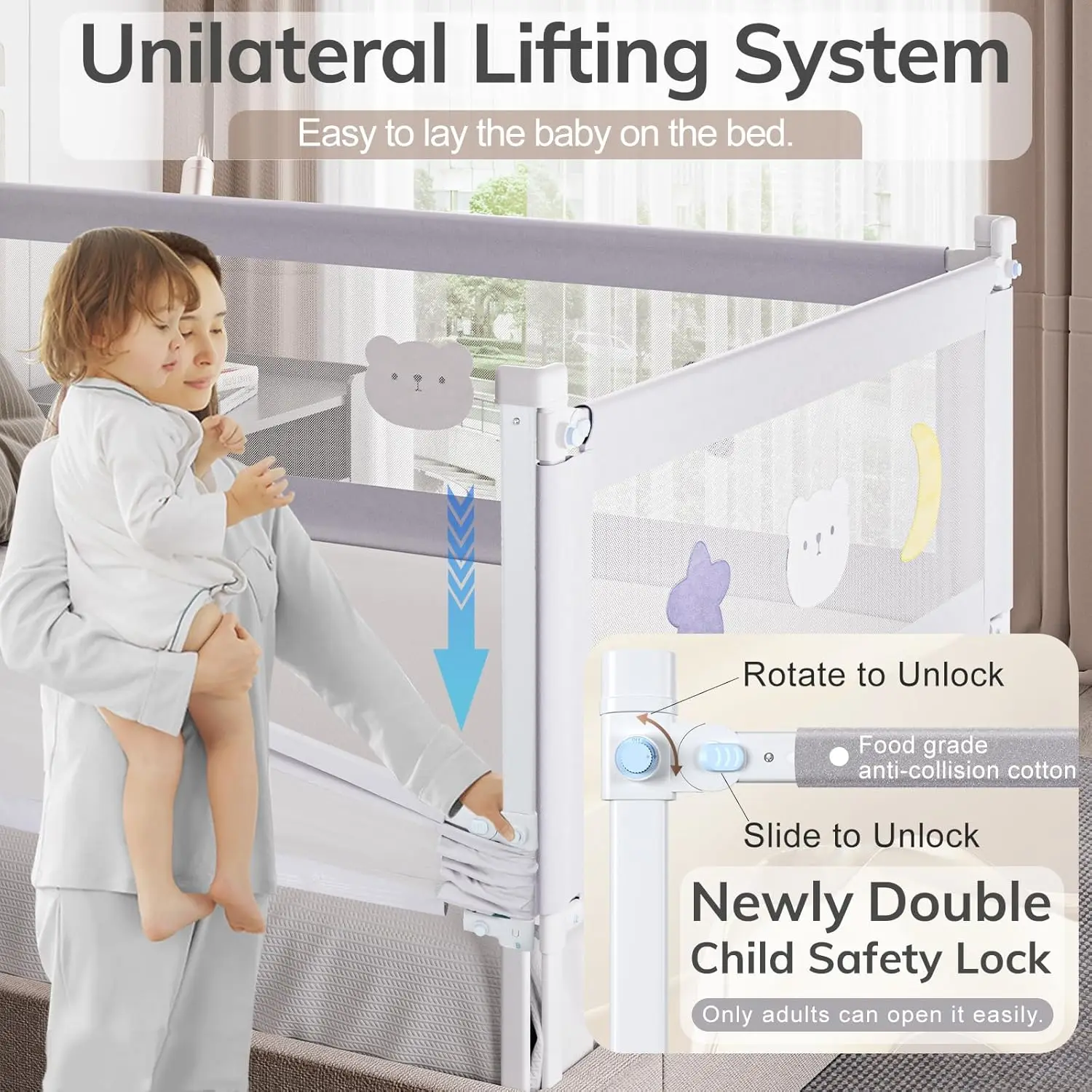 Bed Rail for Toddlers-(3 Pack) Toddler Bed Rails with Double Child Lock, Rail for Baby Kids with Pattern