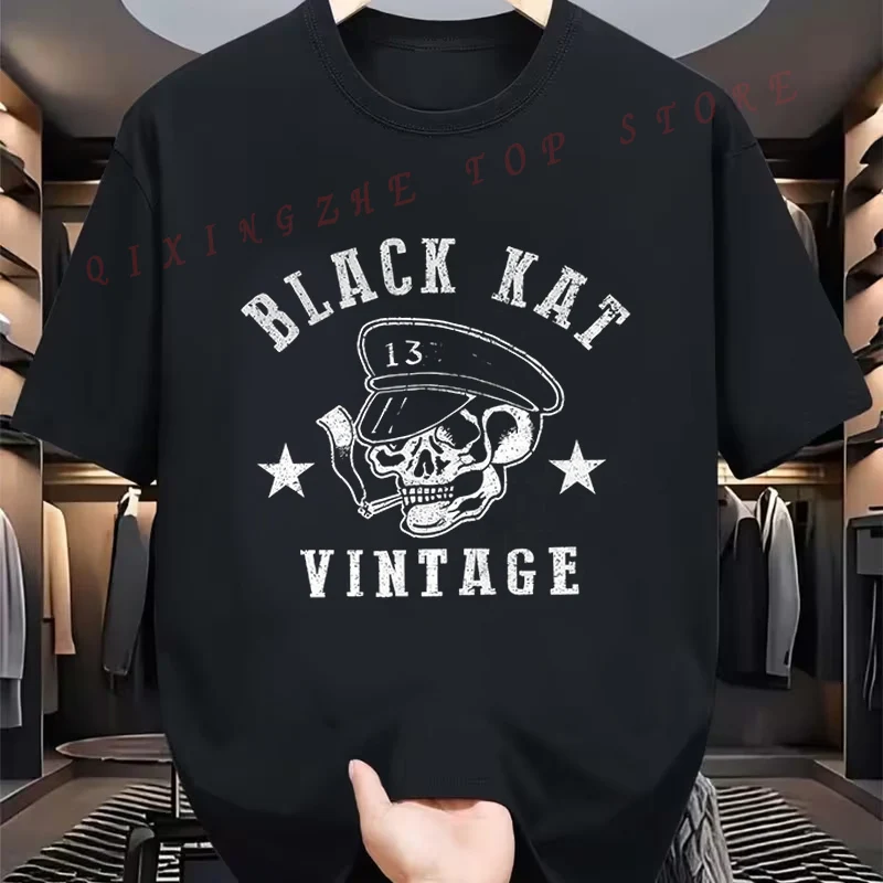 Nice Moto Skull Black Kat 빈티지 티셔츠 남성용 반팔 티셔츠를위한 재미있는 선물 O 넥 탑 티셔츠
