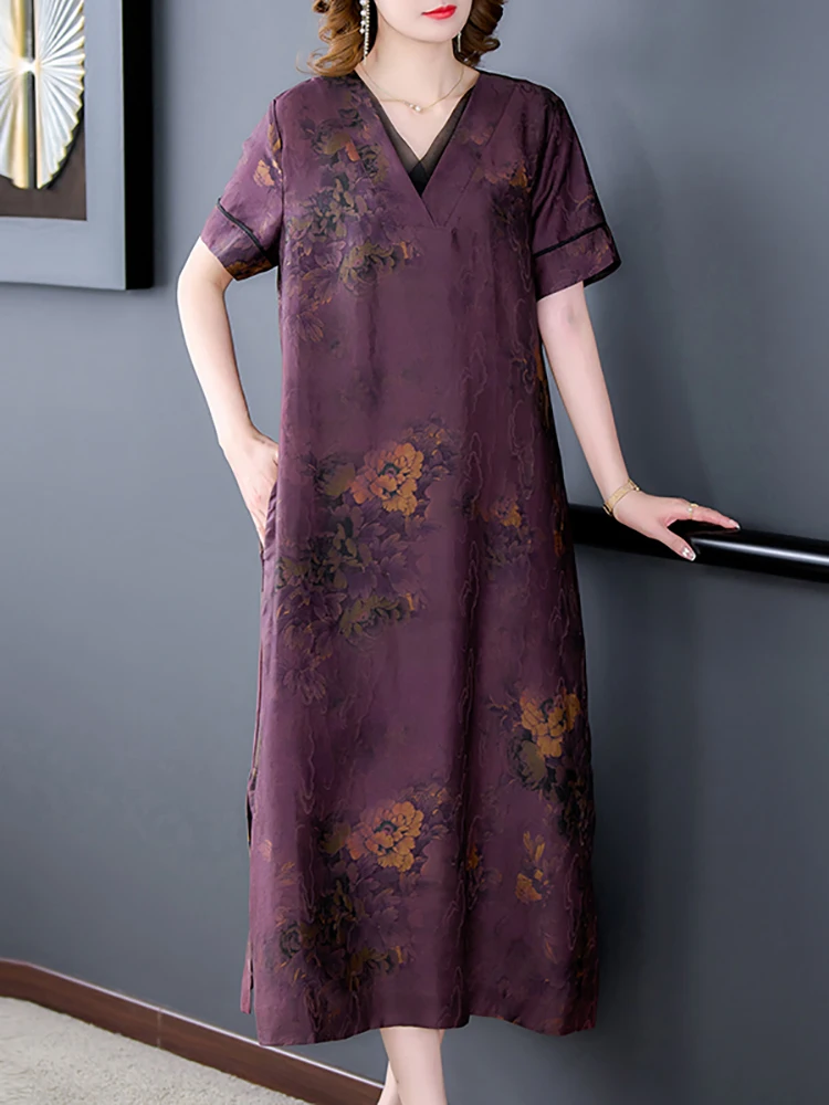 

Женское шелковое платье-миди с V-образным вырезом и коротким рукавом