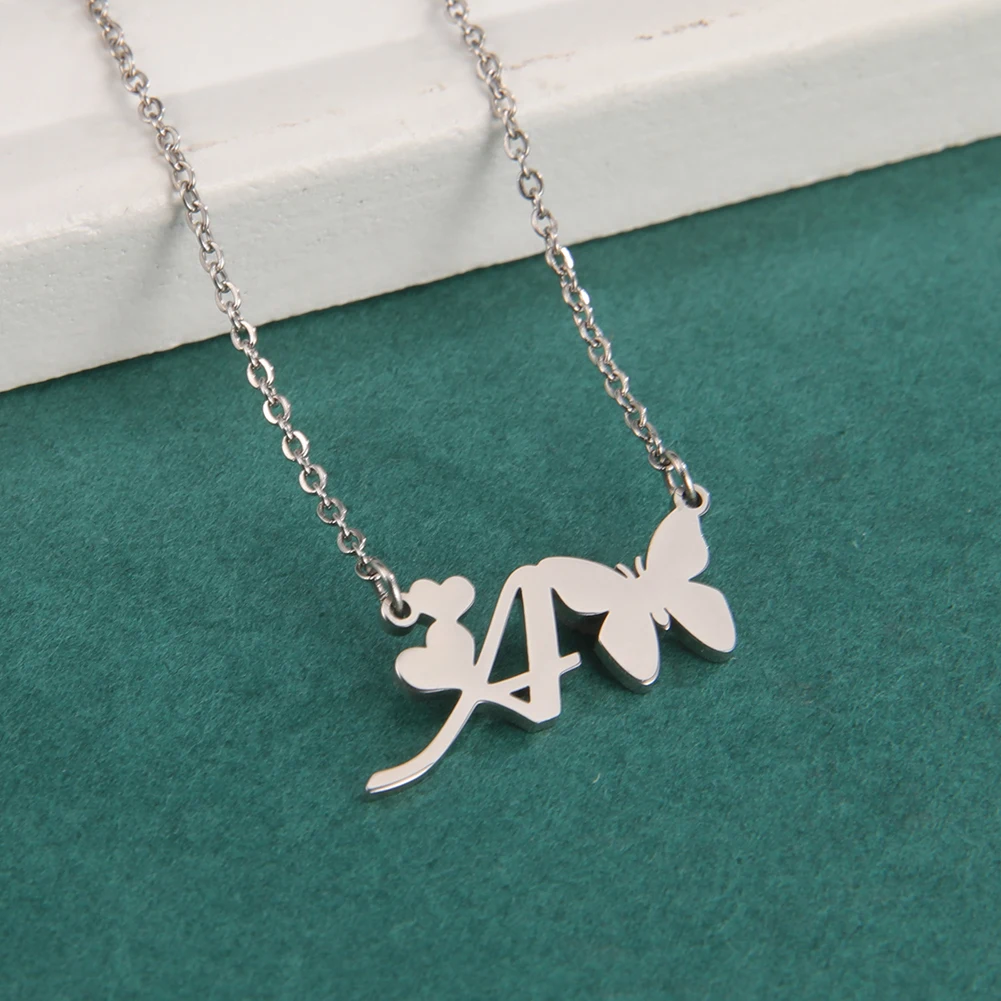 Amaxer for Women Girl Sweet Butterfly Alphabet Necklace A-Z Initial Letter Name Stainless Steel Gold Silver Color Jewelry Gift_voghion.com