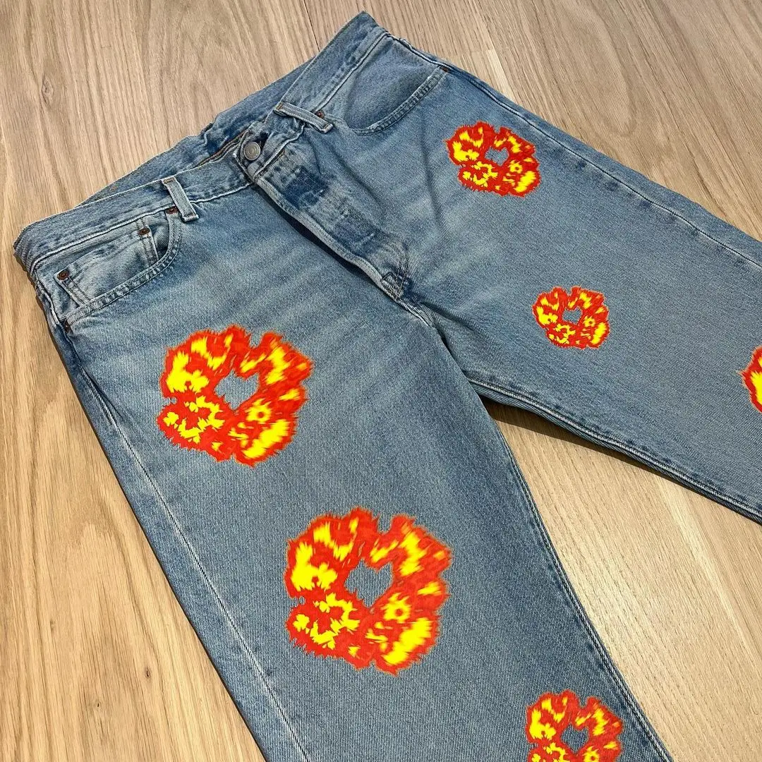 2024 New Harajuku Flame Kapok Print Jeans American Men's and Women's High Street Loose Straight Trousers y2k men’s jeans