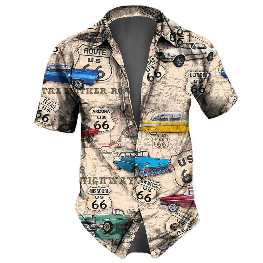 Men Shirts Route 66 Print Short Sleeve Tops Summer Clothing American Landmarks Pattern Oversized Tees Streetwear for denim shirt flannel shirt cotton shirt long sleeve shirt silk shirt men pirate shirt men glitter shirt