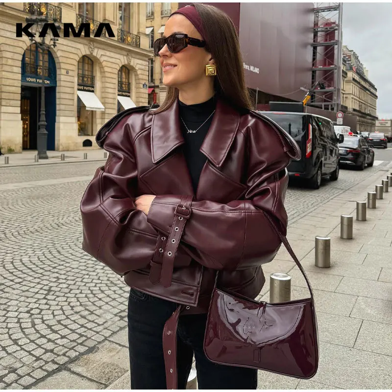 

Women Fashion Solid Zipper Short Leather Coat With Belt Causal Turndown Collar Long Sleeves Jackets Female Chic Street Outwears