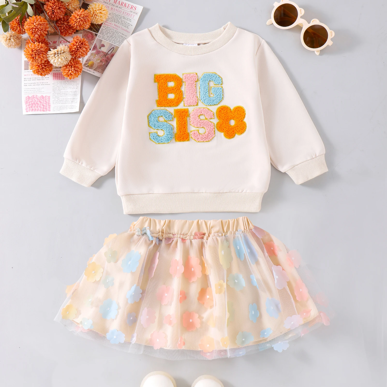 Kids Girls Sister Family Matching Outfits Skirt Set Long Sleeve Embroidery Letters Sweatshirt with Flower Tulle Skirt 2 piece 2