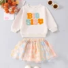 Kids Girls Sister Family Matching Outfits Skirt Set Long Sleeve Embroidery Letters Sweatshirt with Flower Tulle Skirt 2 piece 2
