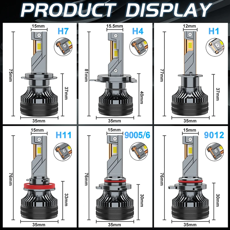차량 헤드라이트 H7 H4 LED 전구 캔버스 9780 CSP 칩 6000K H1 H11 H9 9012 9005 HB3 9006 HB4 안개등 12V 고출력 3구 동관