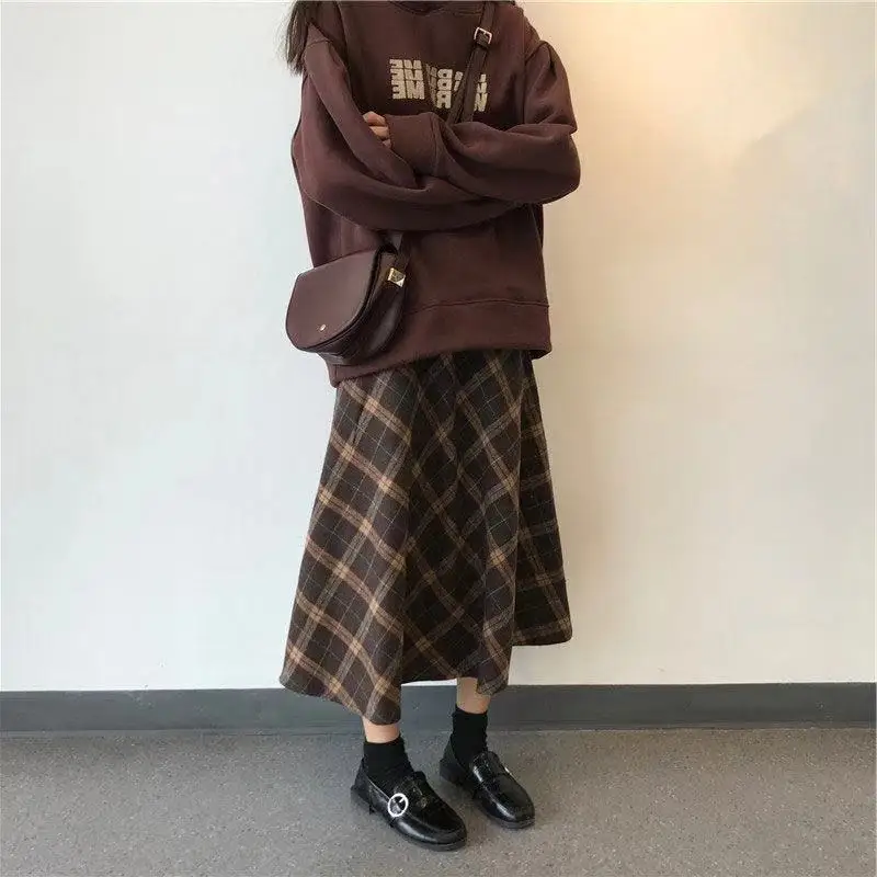 Tweed Plaid Skirt Women Fall Winter New Loose Vintage England Style Mid Length High Waist Package Hip A-line Long Skirt Female