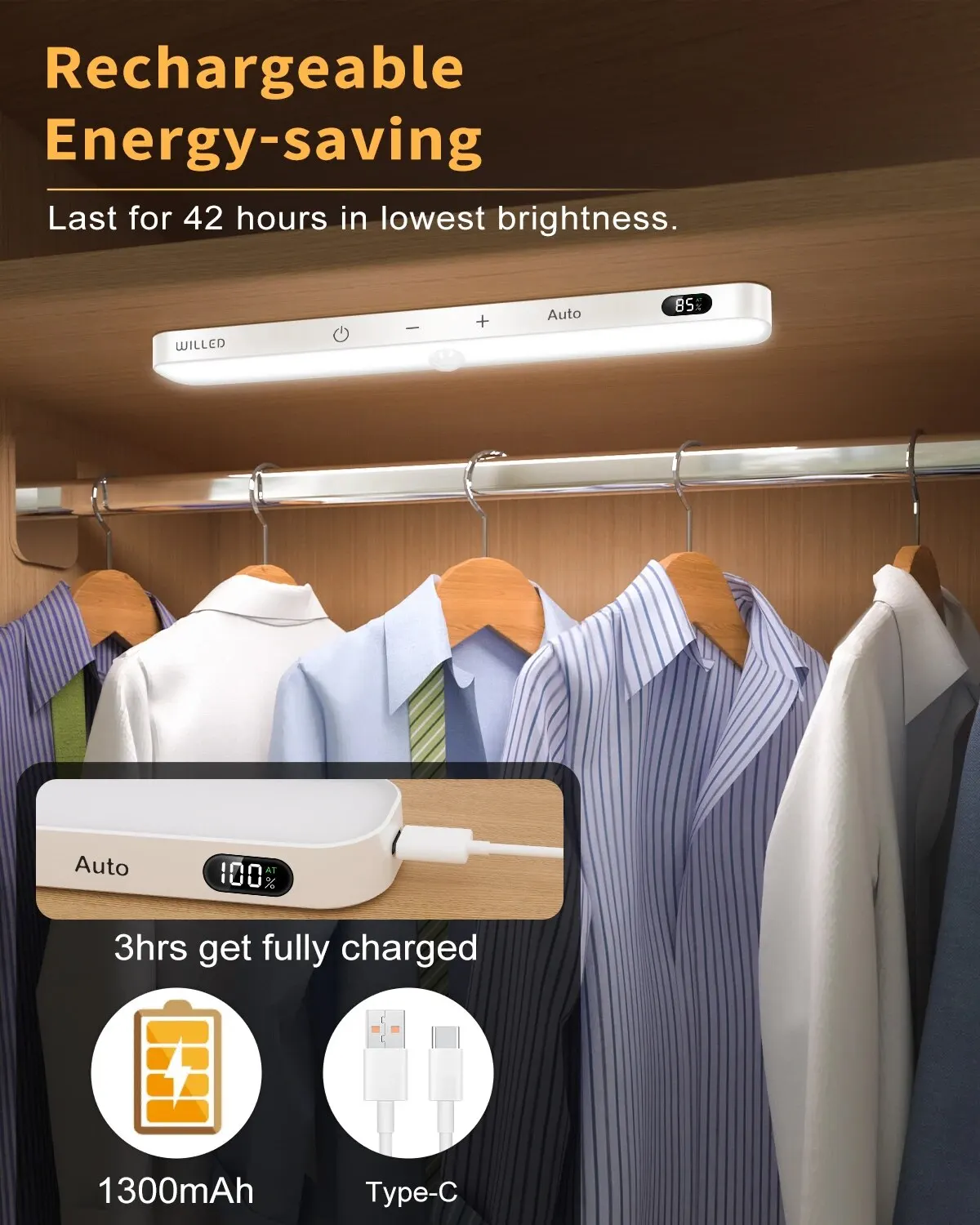 WILLED Motion Sensor Cabinet Light Battery Display 60 LED Touch Light Bar Wireless Rechargeable Battery Night Light 3