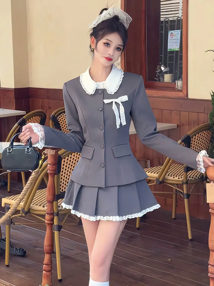Elegant Two-piece Skirt Set Women Long Sleeve Single Breasted Blazer Coat Lace Pleated Mini Skirt Autumn Korean Fashion Outfits