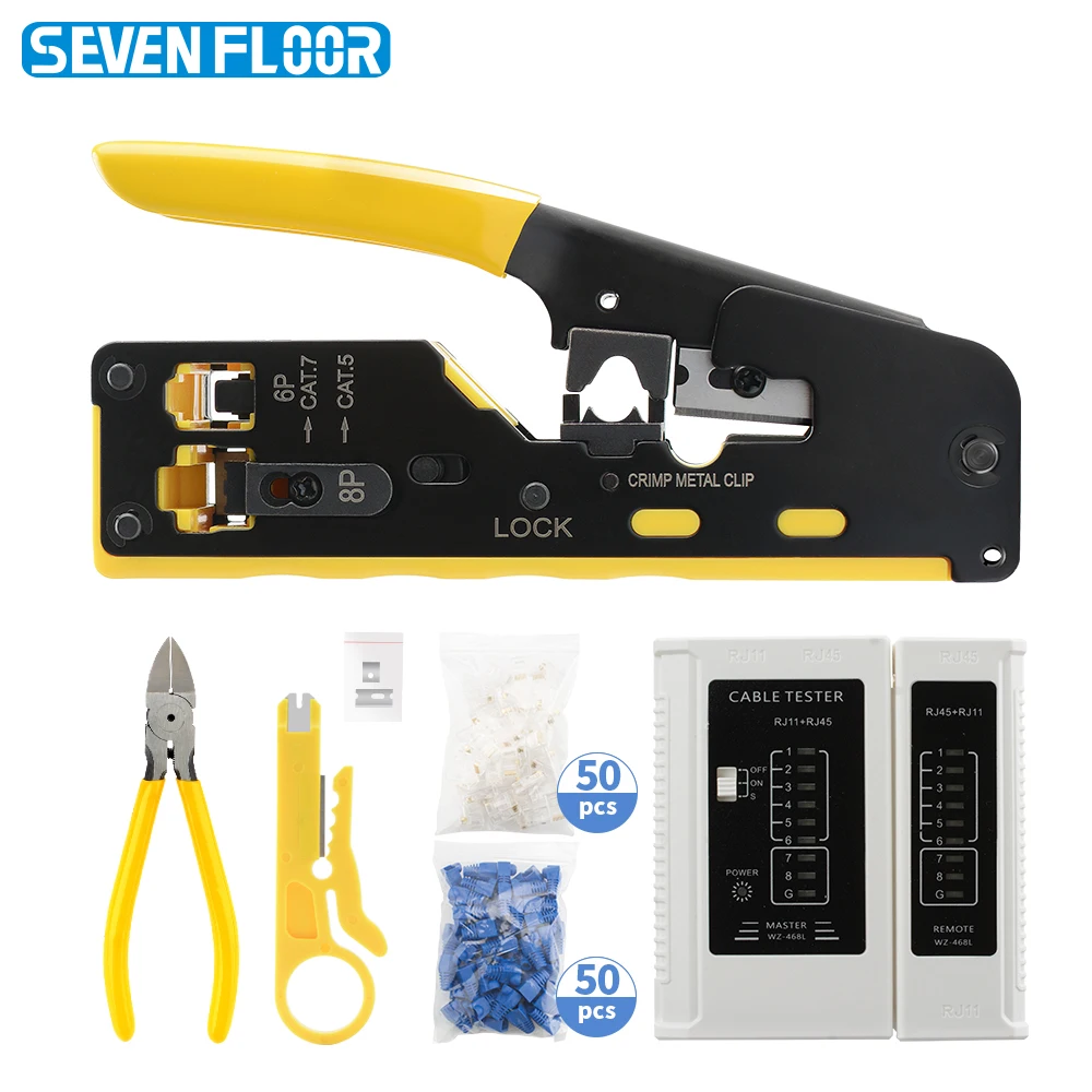 Cat7 RJ45 패스스루 크림프 툴 키트, 크림퍼 케이블 테스터, 와이어 커터, 50개 Cat 6 커넥터 및 스트레인 릴리프 부츠