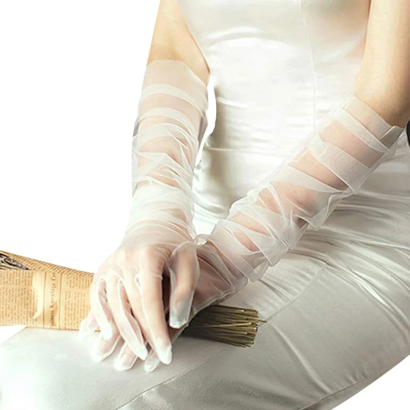 Long Thin Mesh Gloves Pearls Lace Gloves Summer Ruched Tulle Pearls Mittens Fingerless for Wedding Party Dress Costume