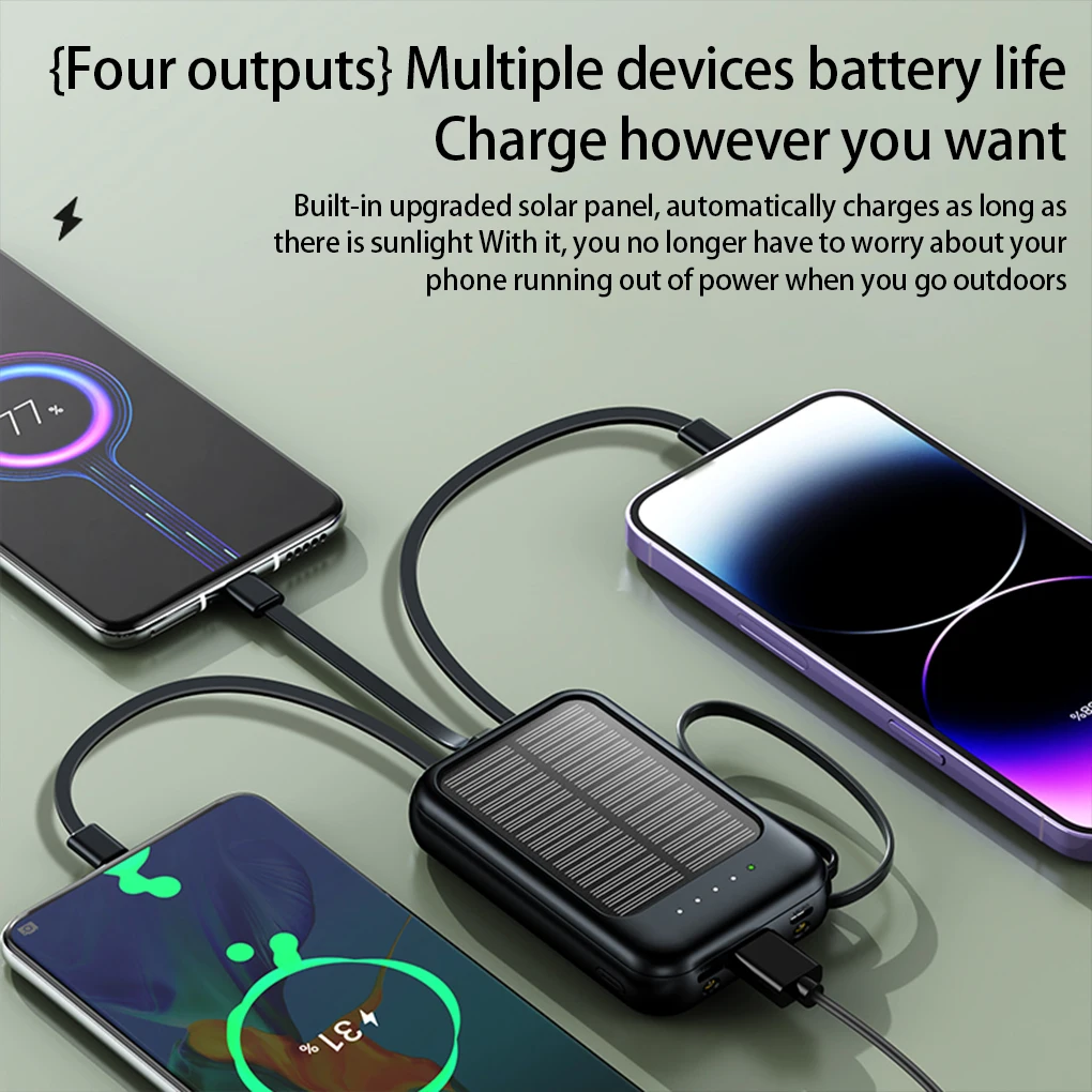 2000mAh High Capacity Solar Power Bank External Charger Powerbank LED Light New Solar Charger Built Cables 2 USB Ports 6