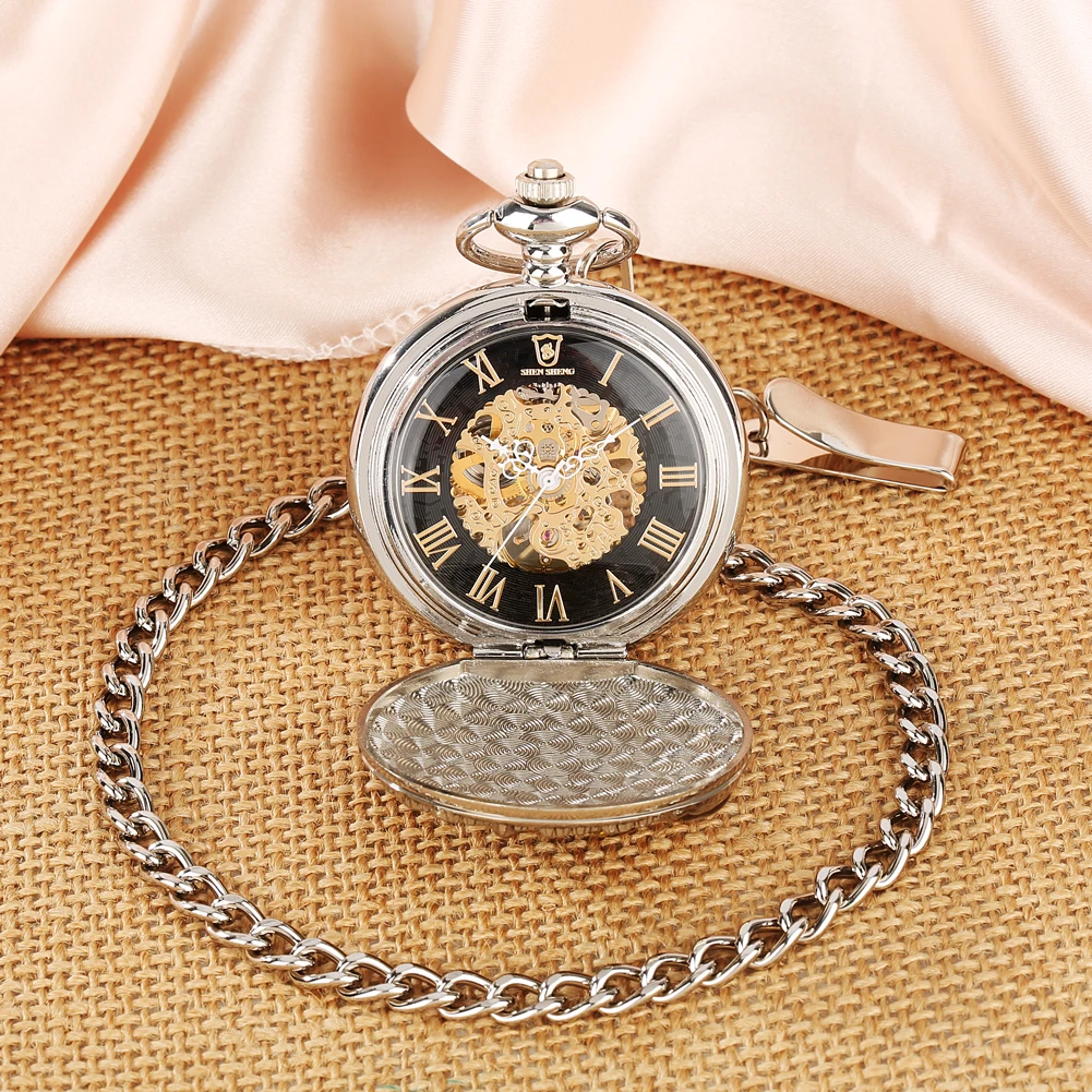 Charm Golden Animals Clock Silver Mechanical Hand Winding Pocket Watch Men Fob Chain Vintage Manual Pendant Pocket Clock