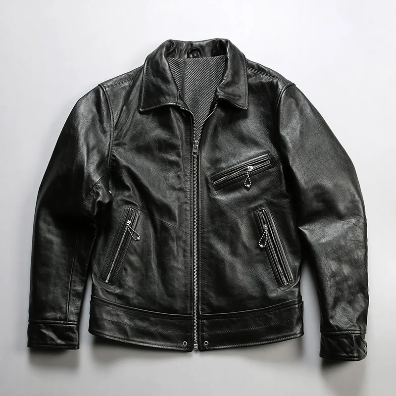 

Spring autumn models Mulholland Drive vegetable tanned waxed horsehide leather jacket men's lapel Ameka Kiri 1930 biker real
