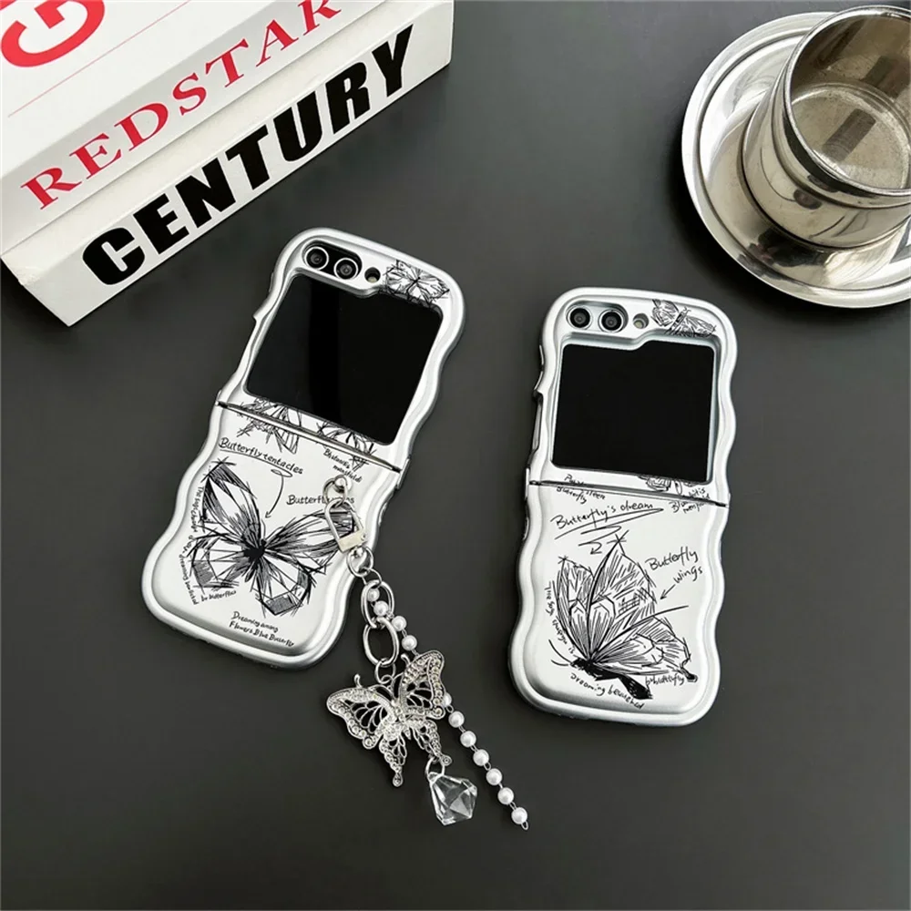 Fashion Butterfly Matte Silver Phone Case with Wave Border and Pendant Cover