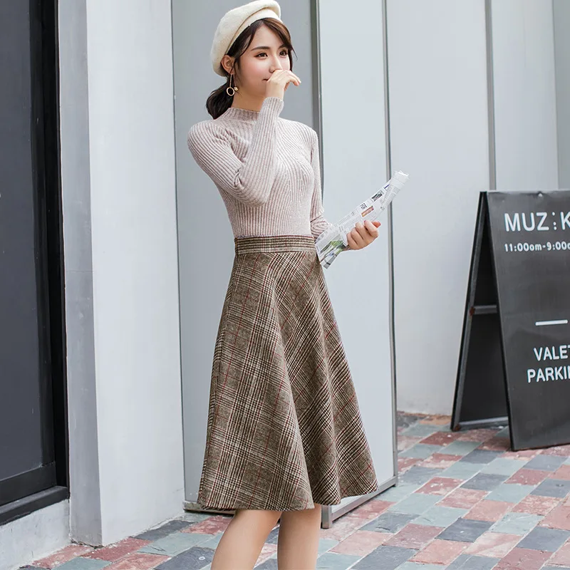 

Women Skirts A line Woolen Skirt Knee Length Pleated Skirt for Autumn and Winter
