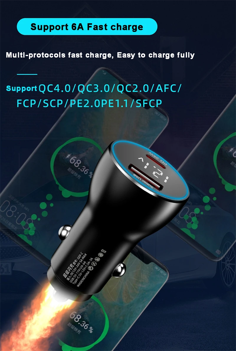 65W Supervooc 2.0 + 25W PD PPS Fast Car Charger For iPhone 13 Samsung S21 OPPO Find X2 Pro Reno 4 3 Realme 8 7 6 Pro USB-C Cable