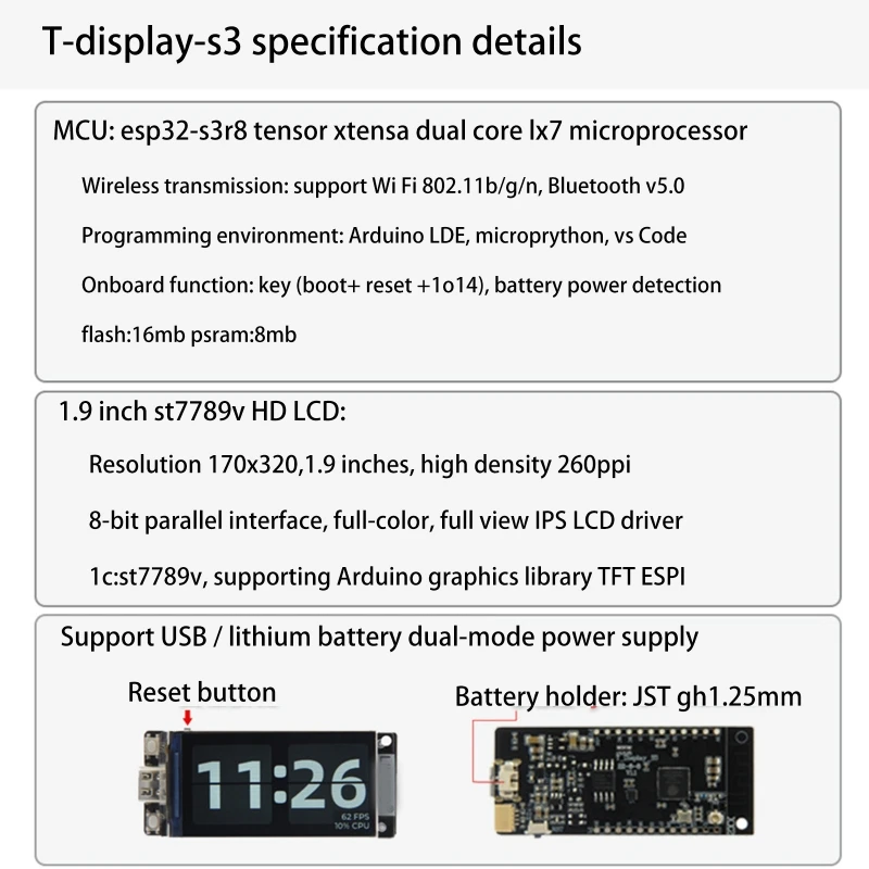LILYGO T-Display-S3 ESP32-S3 1.9 in ST7789 LCD ÷   WIFI Bluetooth-compatible5.0  