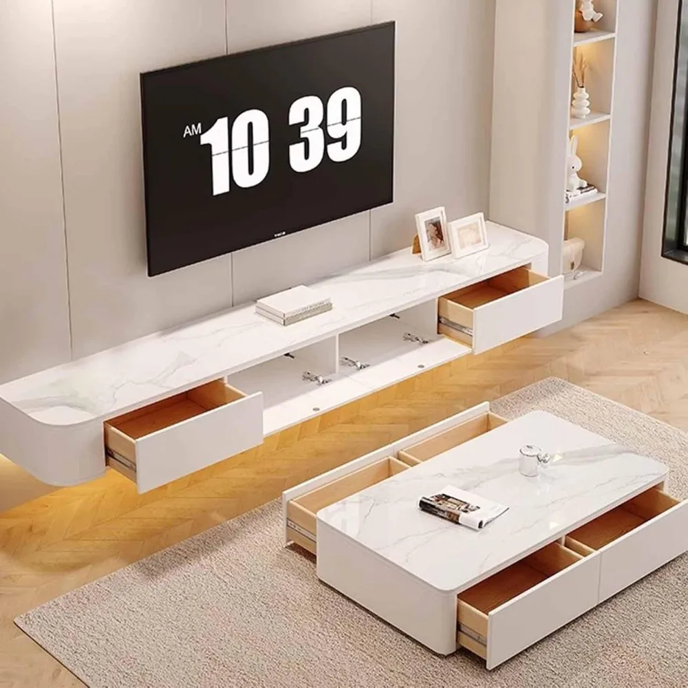 Wall-Mounted TV Cabinet White Floating TV Bench Living Room TV Unit Multimedia Wall Storage Cabinet(200CM/78.7IN) 2
