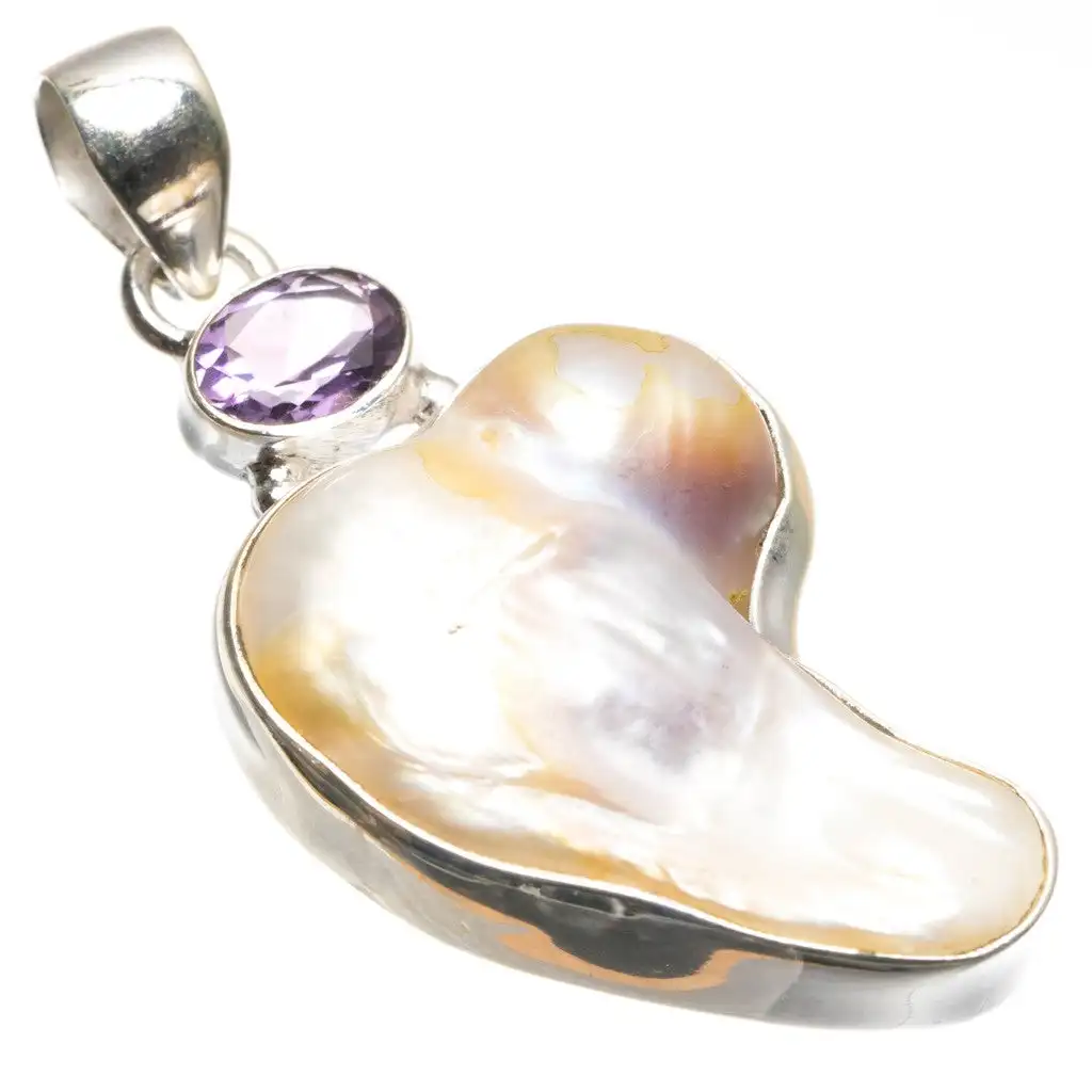 

Biwa Pearl and Amethyst Handmade Boho 925 Sterling Silver Pendant 2" S0544
