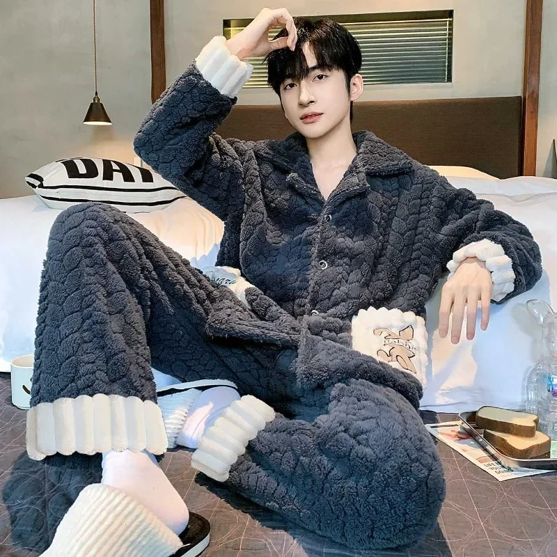 

Мужская Фланелевая Пижама, комплект домашней одежды, одежда для сна для мальчиков на осень и зиму, мультяшный утепленный коралловый флис, мужской костюм для сна