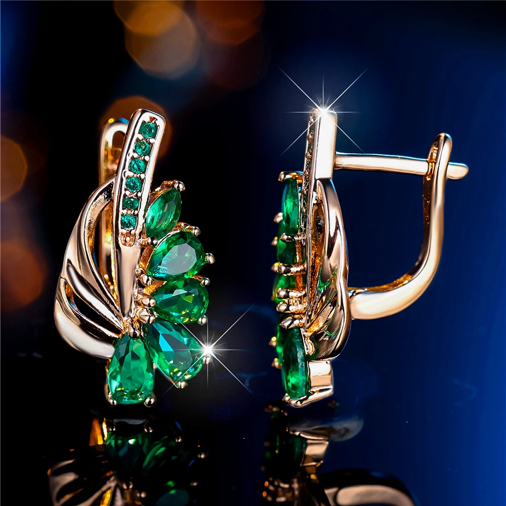 Luxury Female Green Zircon Stone Clip Earrings Charm Gold Color Trendy Wedding Jewelry For Women