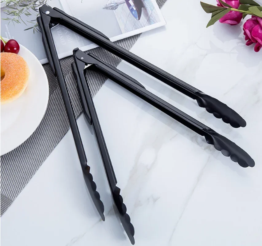 9/12/14 Inch Stainless Steel Food Tongs Barbecue Black Tong Bread BBQ Salad Tongs
