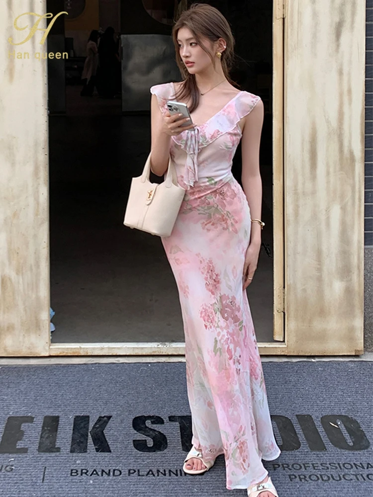 H Han Queen New Summer Sleeveless French Style Floral Dress