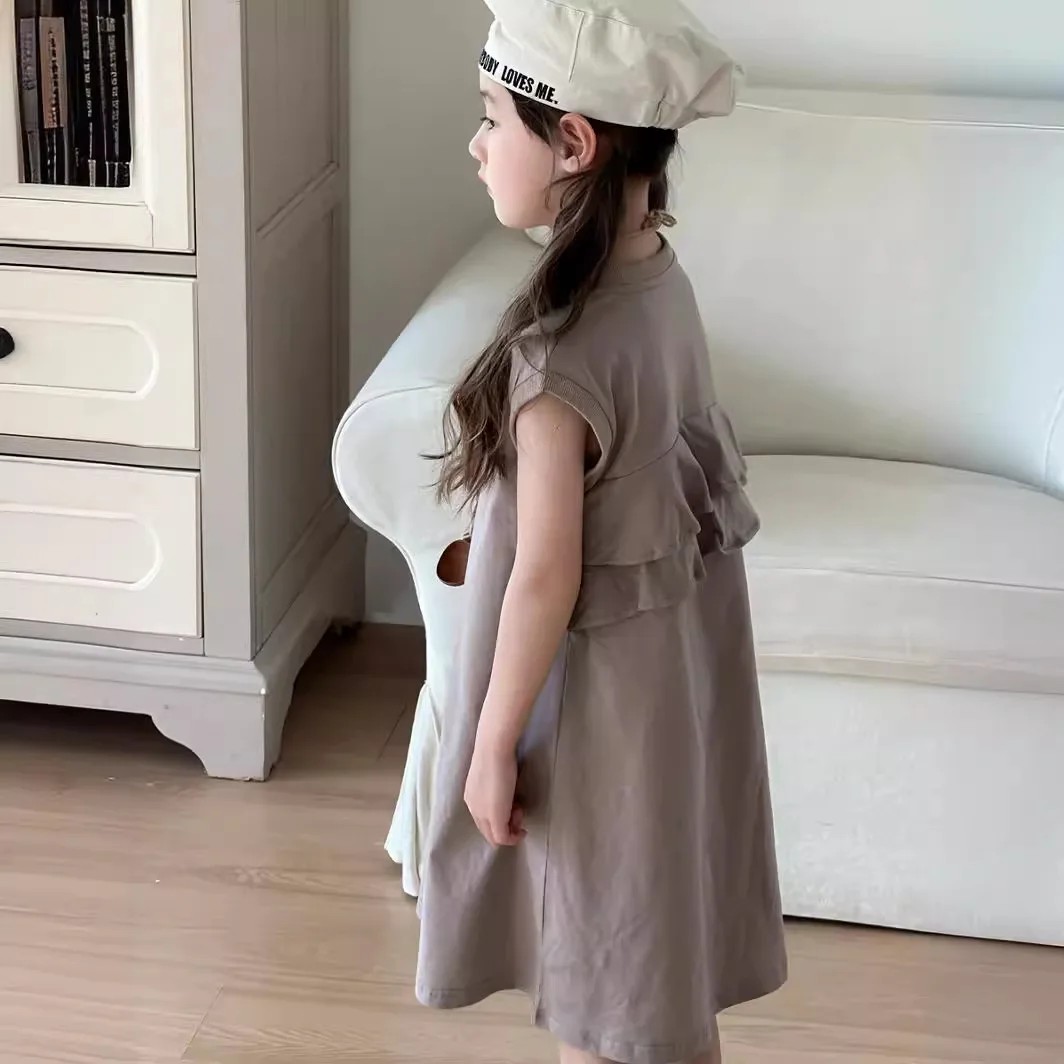 

Girls Casual Dresses Kids Clothes 2024 Summer Korean New Fashion Solid Cotton O-neck Sleeveless Knitwear Ruffles Kids Dress