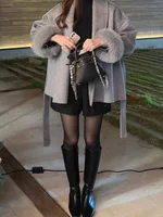 Elegant Lace Up Woolen Overcoat Women Casual Lapel V-neck Full Sleeve Loose Warm Outerwears Lady New Autumn Commute Street Coat 3