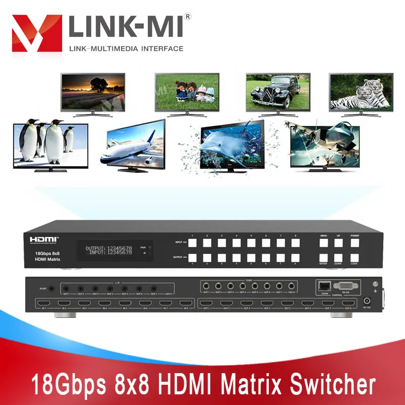LINK-MI 18Gbps 8x8 HDMI Matrix Switcher 4K@60 with Coax Analog L/R Audio ARC Support RS232 TCP/IP LAN Web GUI Control IR Extent link mi 18gbps 8x8 hdmi matrix switcher 4k 60 with coax analog l r audio arc support rs232 tcp ip lan web gui control ir extent