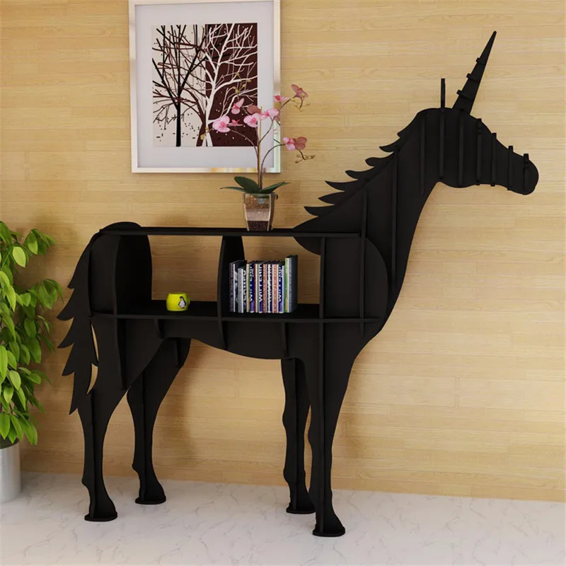 

Creative Bookshelf Unicorn Sculpture Shelf Entrance Table Shop Window Floor Wood Decoration Shelves Home Accessories Crafts