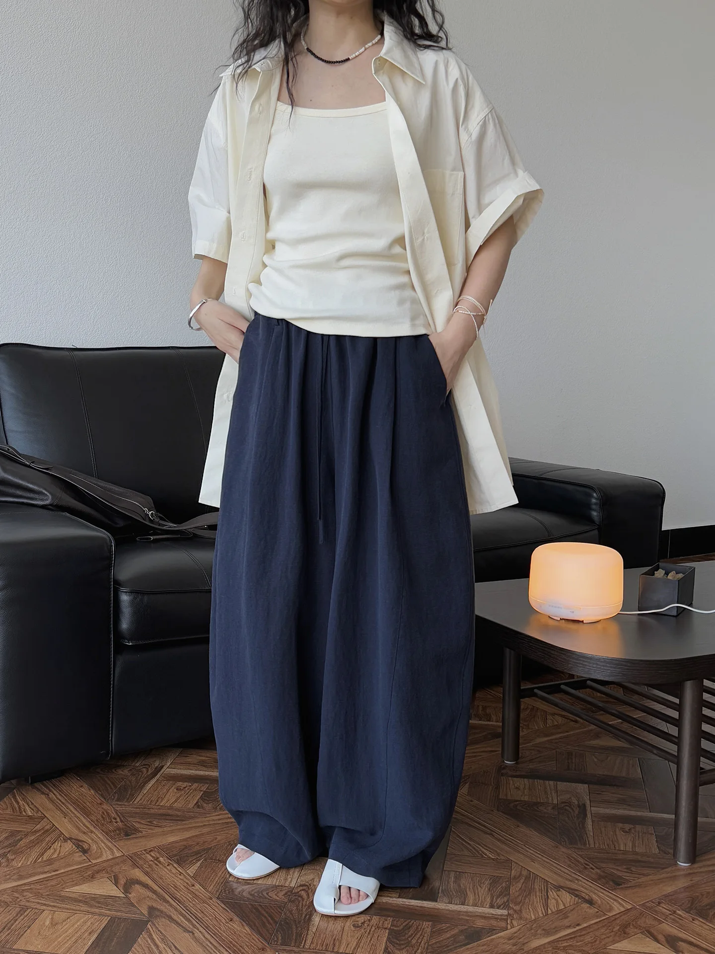 Spring and summer women's casual solid color high waist loose wide leg pants