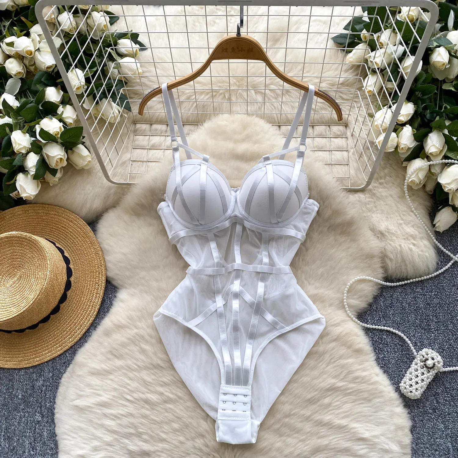 bandage mesh bodysuit close up