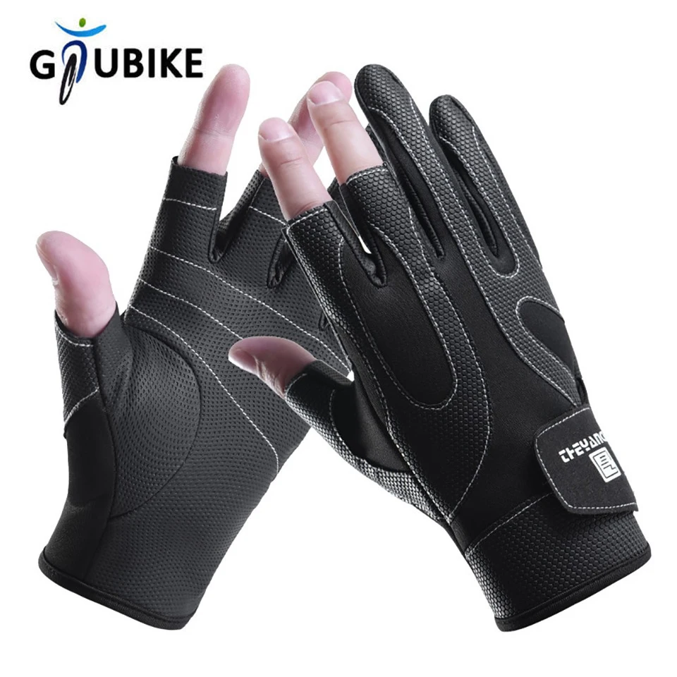 Fishing Fingerless 3 Fingers Cut Glove Leather Resistance Guantes De Pesca Fishing Gloves Survival Camping Hiking GTUBIKE
