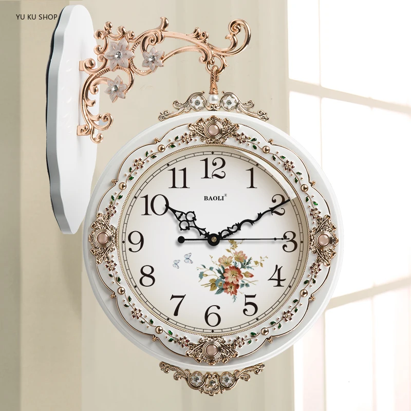 Inches Luxury European Silent Wall Clock Retro Living Room Double Sided Reversible Wall Clock in White Vintage Flower Home Decor 2