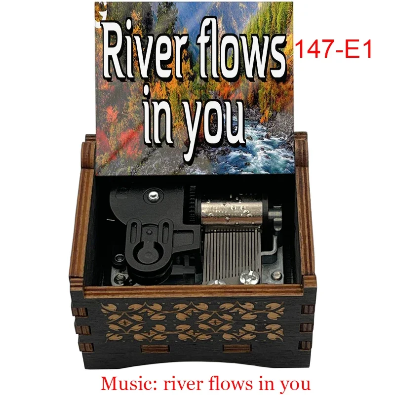 River Flows In You Silver Stainless Steel Metal Clockwork Type Movement Black Wooden Music Box Holiday Gifts for Friends
