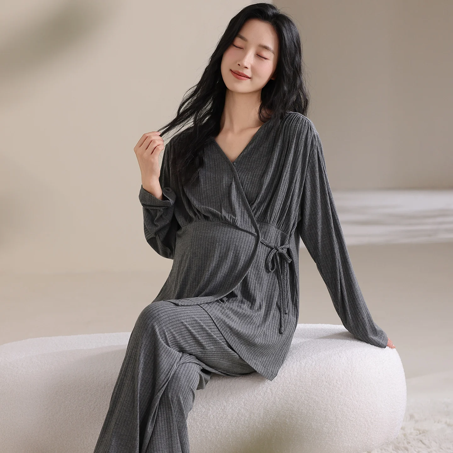 Autumn Maternity 100% Cotton Pajamas Set Breastfeeding Friendly Solid Color Postpartum Woman Nursing Shirts Long Pants Twinset