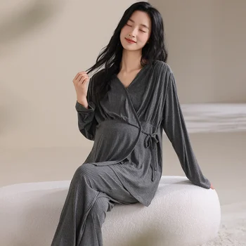 Autumn Maternity 100% Cotton Pajamas Set Breastfeeding Friendly Solid Color Postpartum Woman Nursing Shirts Long Pants Twinset