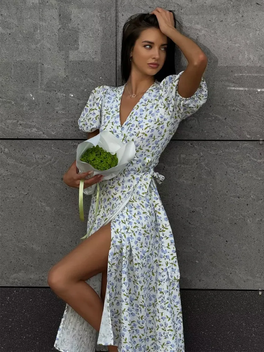 Women's Loose Fit Cotton Blend Maxi Dress with V-Neck & Short Sleeves S60ee72563c07485791ea84d22876f58fC