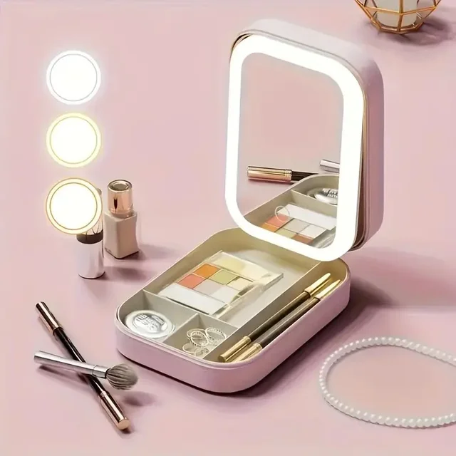 Portable Pink LED Makeup Mirror with USB Charging, Faux Leather Case, Compact Foldable Design for Travel, Jewelry, Office, Stude