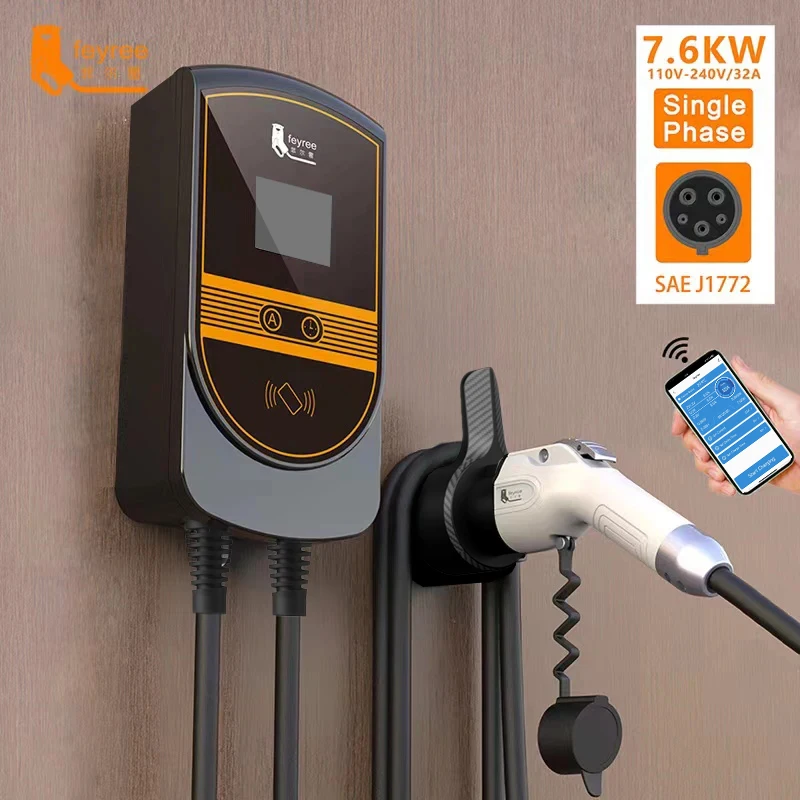 Feyree EVSE 월박스 J1772 어댑터 타입 1 케이블, 32A, 7.6KW, EV 충전기 타입 2, 벽걸이 충전 스테이션, 전기 자동차용 APP 제어