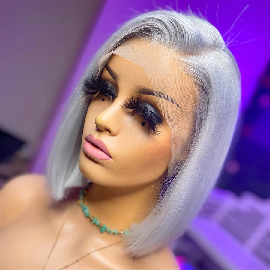 

Soft Preplucked Glueless Ash Blonde Gray Short Bob Silky Straight 180% Density Lace Front Wig For Black Women Babyhair Daily