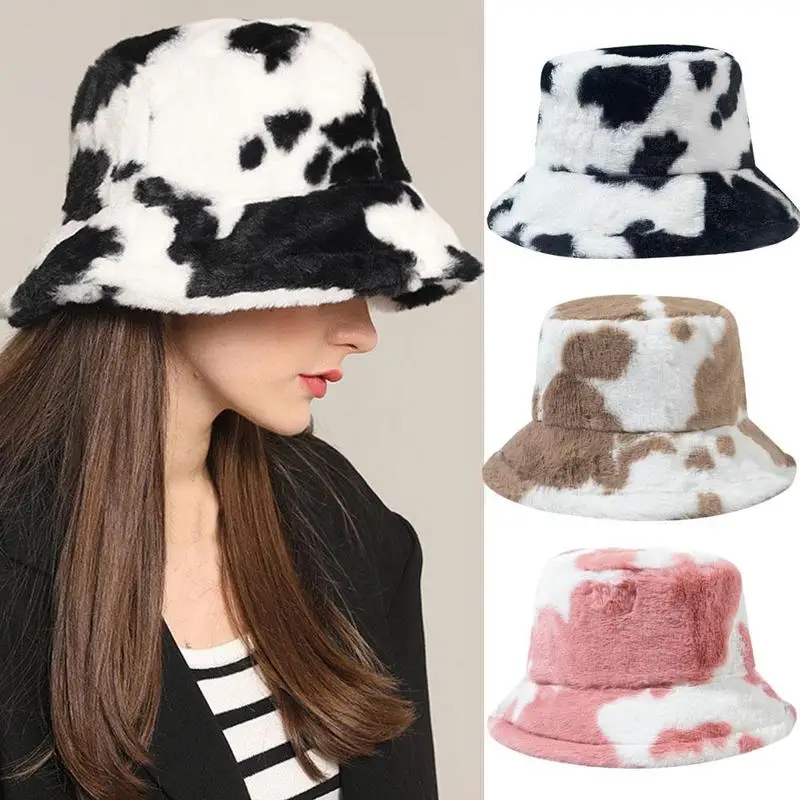 Fashion Winter Cow Print Women Bucket Hat Faux Fur Outdoor Lady Fisherman Fluffy Panama Warm Female Flat Cap Plush Furly U8k8 fisherman hat