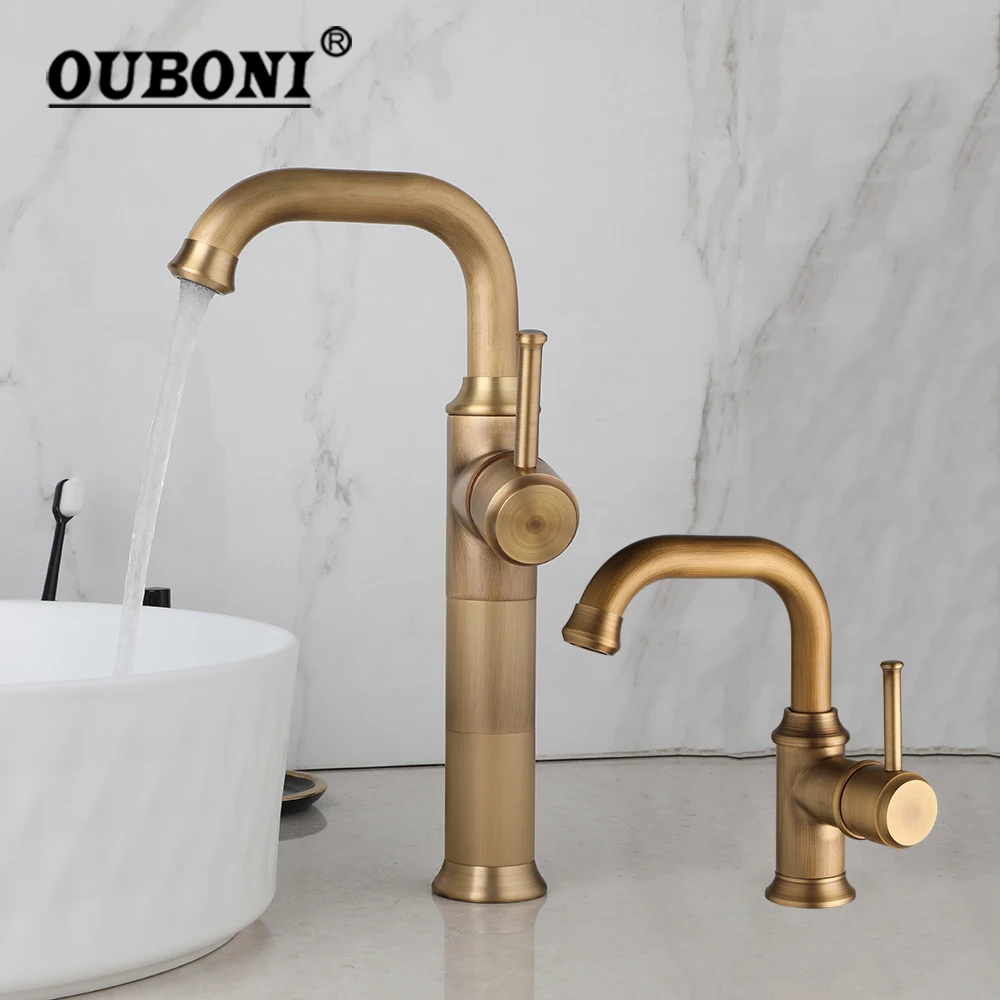 

OUBONI Bathroom Antique Brass & Oil Rubbed Bronze Faucet Deck mounted Single Handle Control Hot Cold Water Mixer Tap