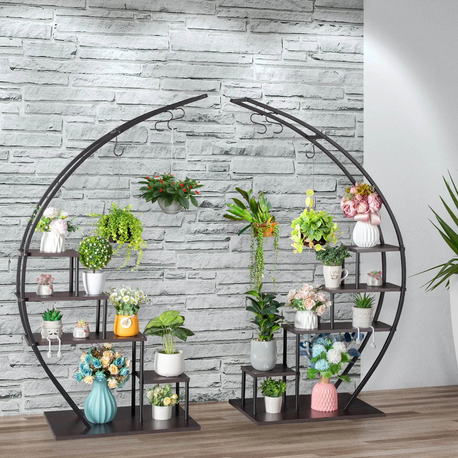 Plant Flower Display Stand Indoor Backdrop Stand For Garden Balcony Patio Lawn Home Decoration 2pcs 5Layers Semicircle Iron Wood outdoor double layer metal flower stand flower tray plant pot display shelf garden patio home decoration